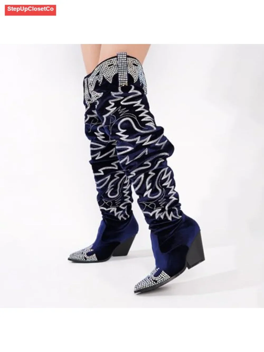 Rhinestone Embroidered Thigh High Slouchy Wide Calf Pull On Boots with Memory